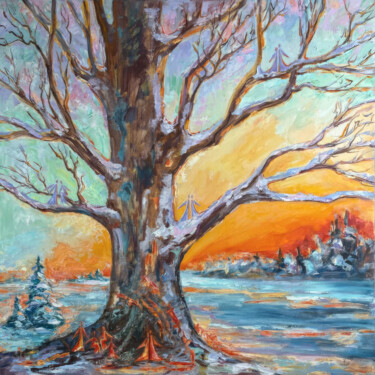 Painting titled "Winter Tree of Life…" by Sasha Tovstik, Original Artwork, Oil Mounted on Wood Stretcher frame