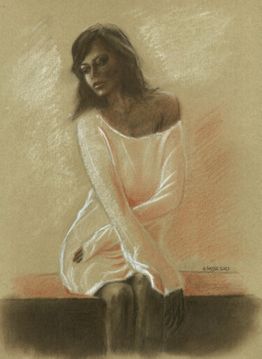 Desenho intitulada "Quiet in a white dr…" por Jarek Sikorski, Obras de arte originais, Conté