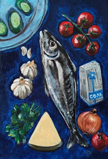 Ζωγραφική με τίτλο "Fish Day" από Sima Bart, Αυθεντικά έργα τέχνης, Ακρυλικό Τοποθετήθηκε στο Χαρτόνι