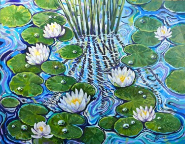 Ζωγραφική με τίτλο "Water lilies in the…" από Annie Dove, Αυθεντικά έργα τέχνης, Ακρυλικό Τοποθετήθηκε στο Ξύλινο φορείο σκε…