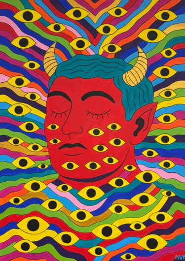 Painting titled "Red Sleeping Demon…" by Violetta Kiseleva, Original Artwork, Acrylic Mounted on Wood Stretcher frame