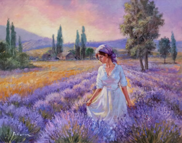 Peinture intitulée "Sunset on lavender…" par Domenico Ronca, Œuvre d'art originale, Huile Monté sur Châssis en bois