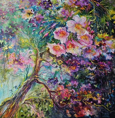 Painting titled "Cherry Tree Blossoms" by Lada Stukan, Original Artwork, Oil Mounted on Wood Stretcher frame