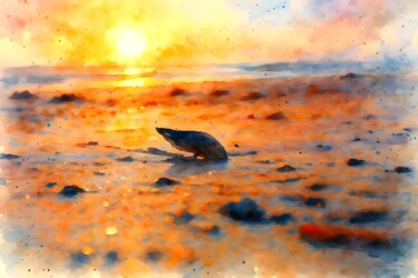 Digital Arts titled "Watercolor Sunset O…" by M Alk, Original Artwork, Digital Painting