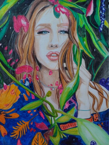 Drawing titled "Girl in tropic" by Sandraeva, Original Artwork, Watercolor