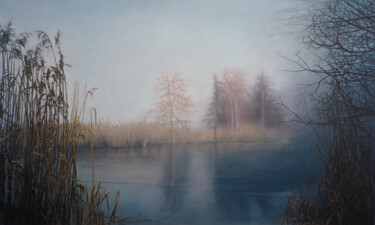 Painting titled "L'étang de roseaux." by B. Alexis, Original Artwork, Oil