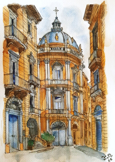 Dessin intitulée "🖼️ Light on the Dome" par Armajay, Œuvre d'art originale, Aquarelle