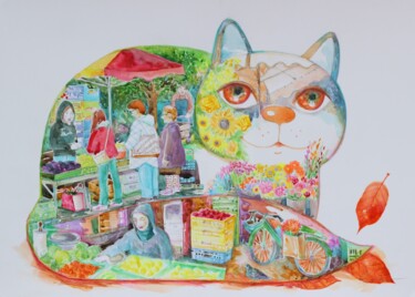 Peinture intitulée "Chat au marché" par Oxana Zaika, Œuvre d'art originale, Aquarelle