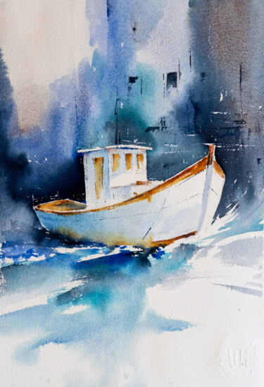 ""White Boat, Blue S…" başlıklı Tablo Yuriy Kraft tarafından, Orijinal sanat, Suluboya