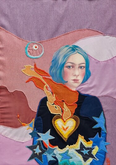 Textilkunst mit dem Titel "C'est un peu comme…" von Marie-Noel Bouillé, Original-Kunstwerk, Stoff Auf Karton montiert