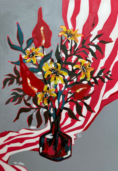 Painting titled "Red anthurium bouqu…" by Darina Komorowski, Original Artwork, Acrylic