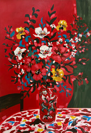 Peinture intitulée "Poppies on red" par Darina Komorowski, Œuvre d'art originale, Acrylique