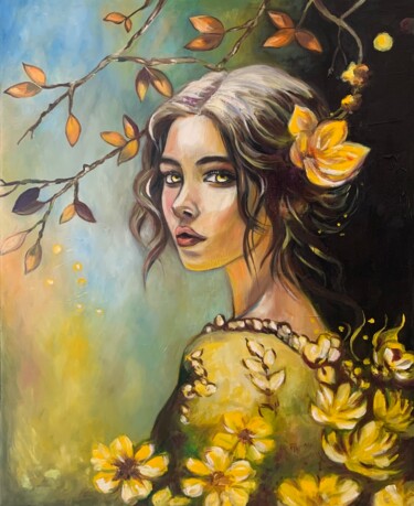 Malerei mit dem Titel "Les fleurs jaunes" von Martine Perugini, Original-Kunstwerk, Öl Auf Keilrahmen aus Holz montiert