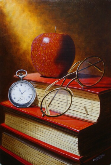 Painting titled "Pomme sur livres" by Jean-Pierre Walter, Original Artwork, Oil Mounted on Wood Panel