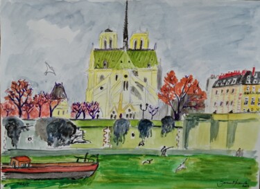 Painting titled "La seine et Notre D…" by Franck Jamart, Original Artwork, Watercolor
