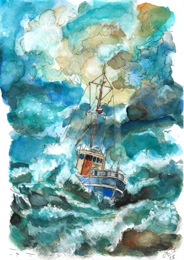 Peinture intitulée "Boat in the Storm" par Armajay, Œuvre d'art originale, Aquarelle