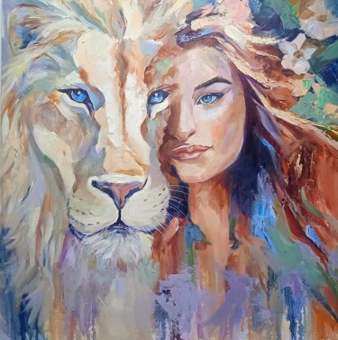 Painting titled "White Lion and Girl…" by Leyla Supran, Original Artwork, Oil