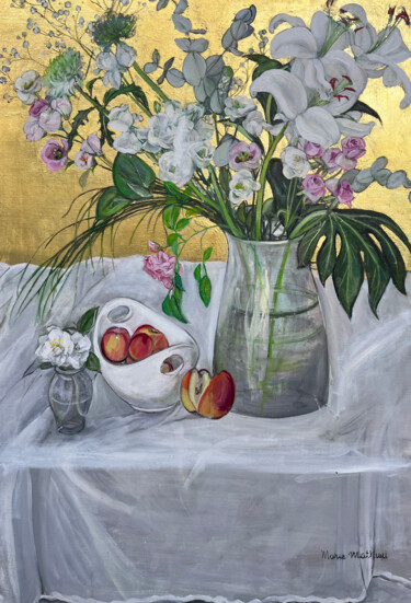 Peinture intitulée "Bouquet de lys et d…" par Marie Mathieu, Œuvre d'art originale, Huile Monté sur Châssis en bois