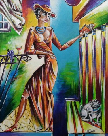 Painting titled "Woman Chillout #M353" by Thomas Lange, Original Artwork, Oil Mounted on Wood Stretcher frame