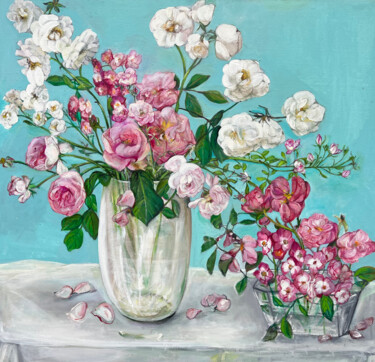Peinture intitulée "Bouquet de roses" par Marie Mathieu, Œuvre d'art originale, Huile Monté sur Châssis en bois