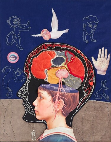 Art textile intitulée "La Grande Question" par Marie-Noel Bouillé, Œuvre d'art originale, Patchwork Monté sur Carton