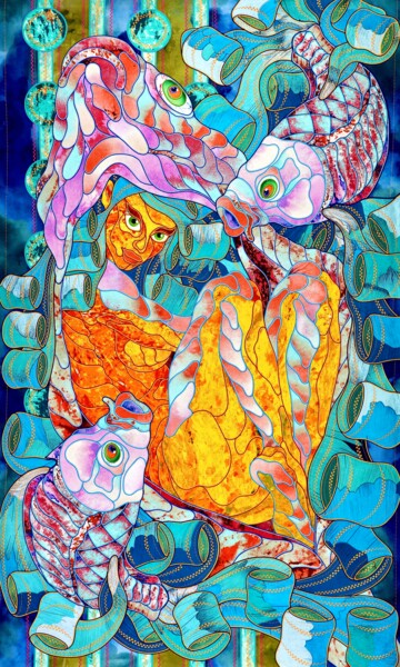 纺织艺术 标题为“What's inside her” 由Kostyantin Malginov, 原创艺术品, 布 安装在木板上