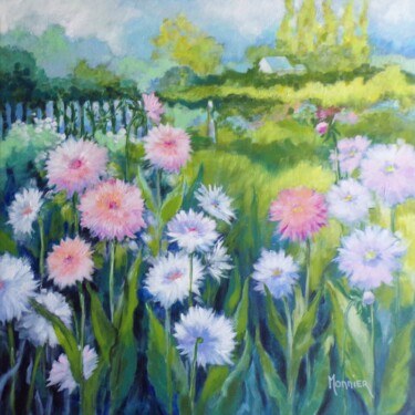 Peinture intitulée "Dahlias au jardin -…" par Cathy Monnier, Œuvre d'art originale, Acrylique Monté sur Châssis en bois