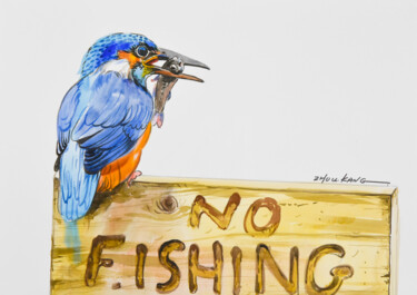 Painting titled "kingfisher2" by Kang Zhou, Original Artwork, Watercolor