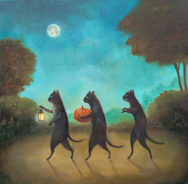 Schilderij getiteld "Three cats and pump…" door Araz Veliev (Velienart), Origineel Kunstwerk, Olie Gemonteerd op Karton