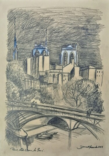 Drawing titled "Paris, Notre Dame e…" by Franck Jamart, Original Artwork, Pencil