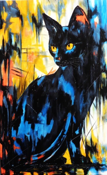 Ζωγραφική με τίτλο "chat noir coloré 3" από Sylvie Pinon, Αυθεντικά έργα τέχνης, Ακρυλικό Τοποθετήθηκε στο Ξύλινο φορείο σκε…