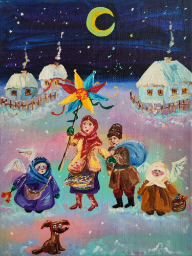 Schilderij getiteld "Christmas carols" door Maria Melkova, Origineel Kunstwerk, Olie Gemonteerd op Frame voor houten brancard