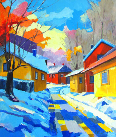 Картина под названием "Sunny Winter Street…" - Tetiana Yakubova, Подлинное произведение искусства, Масло