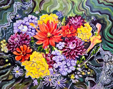 Painting titled "August bouquet" by Annie Dove, Original Artwork, Acrylic Mounted on Wood Stretcher frame