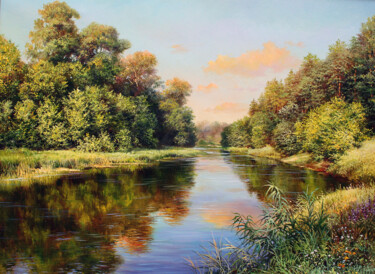Peinture intitulée "Evening on the River" par Serhii Kapran, Œuvre d'art originale, Huile