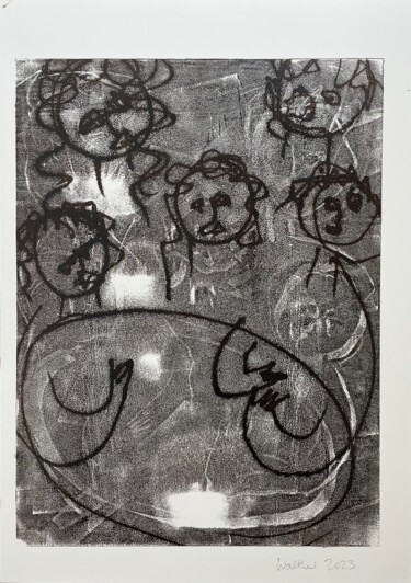 Druckgrafik mit dem Titel "Family of Five at D…" von Susanne Caecilie Walther, Original-Kunstwerk, Monotypie