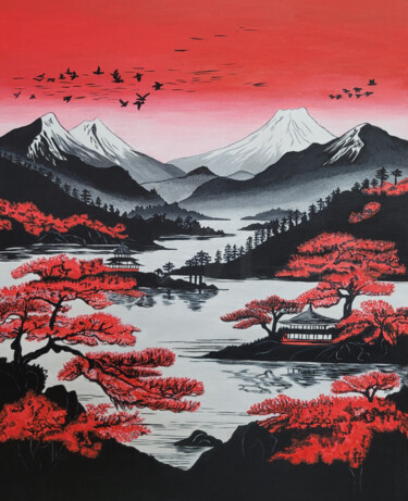 Картина под названием "Lake Landscape with…" - Наталья Поповцева, Подлинное произведение искусства, Акрил