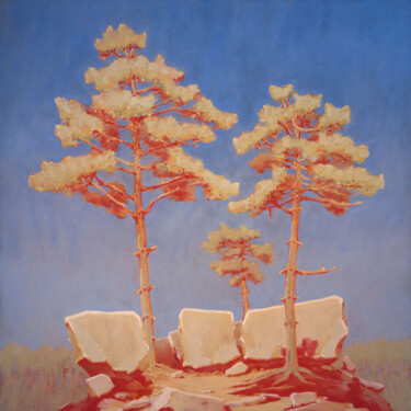 Painting titled "Rochers et pins à F…" by François Cusson, Original Artwork, Pastel Mounted on Wood Panel