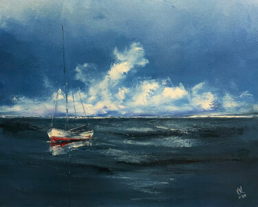 Peinture intitulée "Lonely boat" par Volodymyr Nezdiimynoha, Œuvre d'art originale, Huile Monté sur Châssis en bois