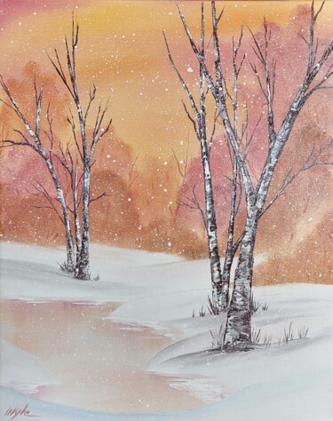 Painting titled "Première neige sur…" by Myle (Aktaz), Original Artwork, Oil Mounted on Wood Stretcher frame