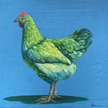 Peinture intitulée "Green Chicken on a…" par Svetlana Evseeva, Œuvre d'art originale, Acrylique Monté sur Châssis en bois