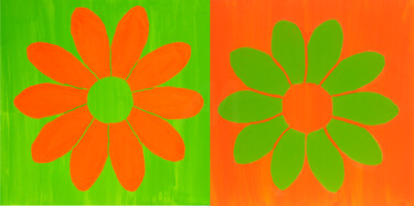 Painting titled "Two flowers in oran…" by Irina Afonskaya, Original Artwork, Acrylic Mounted on Wood Stretcher frame