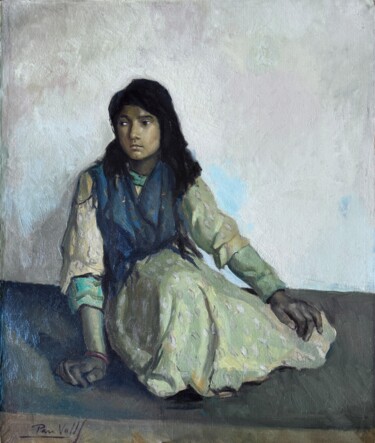 Painting titled "Joven gitana sentada" by Pau Valls, Original Artwork, Oil Mounted on Wood Stretcher frame