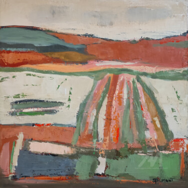 Schilderij getiteld "Terres d'Automne" door Sophie Dumont, Origineel Kunstwerk, Olie Gemonteerd op Frame voor houten brancard