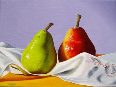 "2 poires sur tissu" başlıklı Tablo Jean-Pierre Walter tarafından, Orijinal sanat, Petrol Ahşap Sedye çerçevesi üzerine mont…