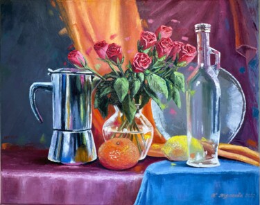 Pintura titulada "Still life with ros…" por Tat Ana Turanova, Obra de arte original, Oleo Montado en Bastidor de camilla de…