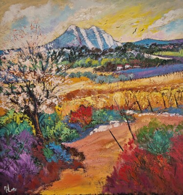 Peinture intitulée "Amandier sur la sai…" par Milorv, Œuvre d'art originale, Huile Monté sur Châssis en bois