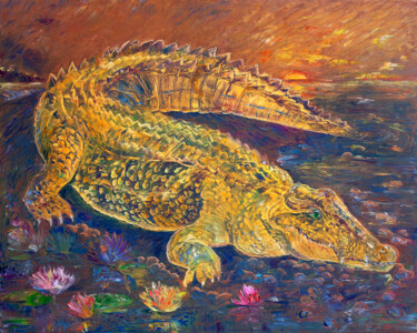 Pintura intitulada "Crocodile at Dusk" por Natalia Shchipakina, Obras de arte originais, Óleo Montado em Armação em madeira