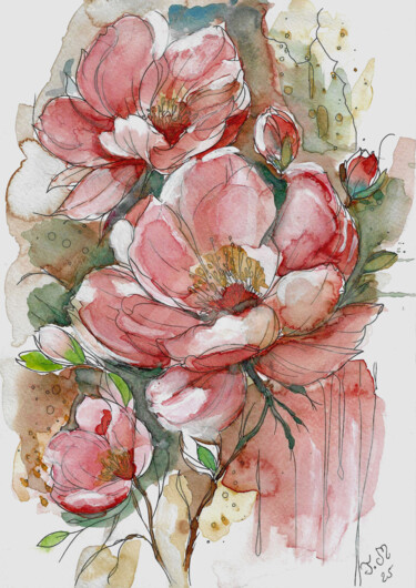 Peinture intitulée "🌸 Éclats de pétales…" par Armajay, Œuvre d'art originale, Aquarelle