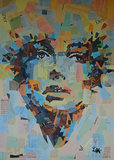 Kolaże zatytułowany „Dans les yeux” autorstwa Jacques Lacourrege, Oryginalna praca, Kolaże Zamontowany na Drewniana rama nos…